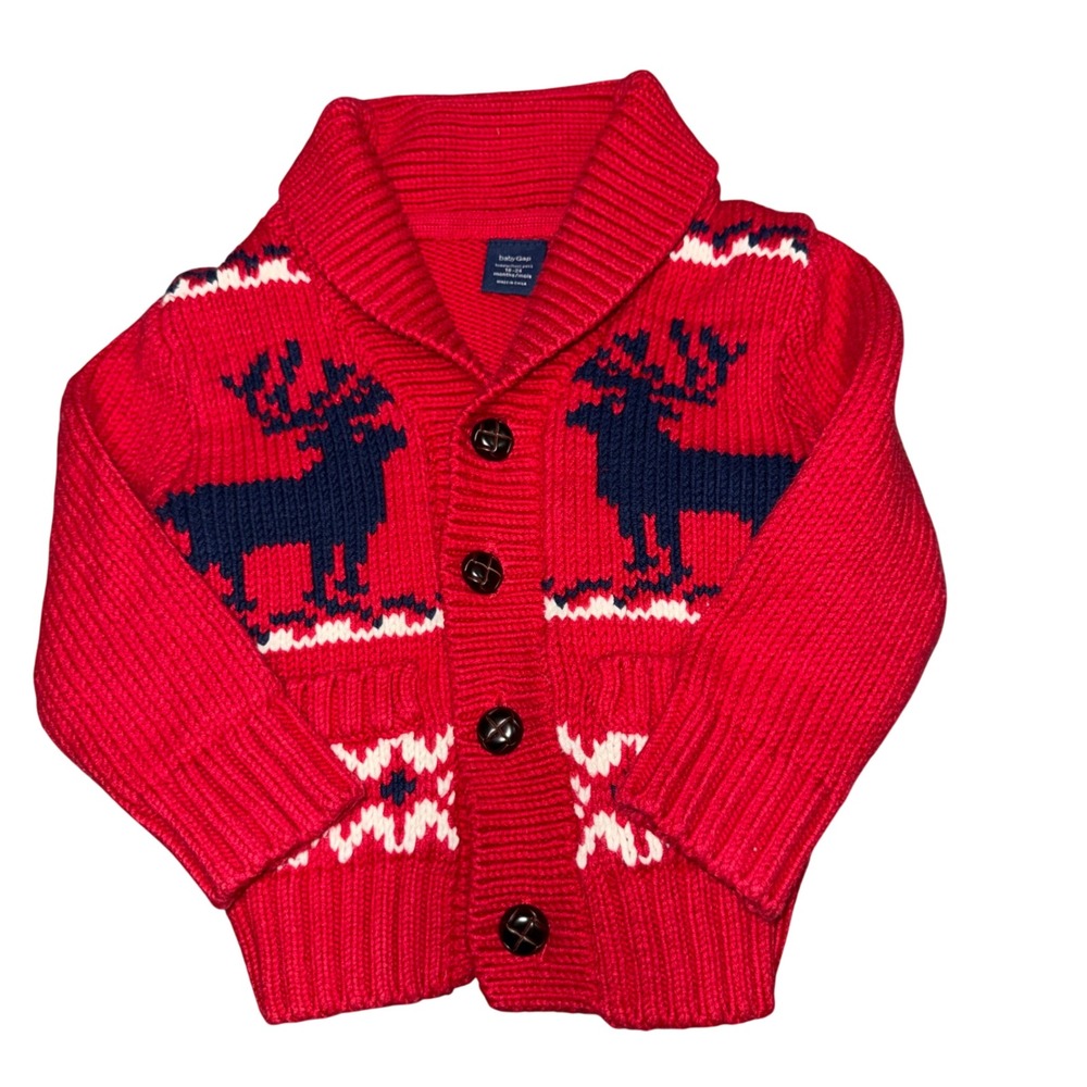 Baby Gap Red Moose Fair Isle Shawl Collar‎ Cardigan Sweater 6-12 Months